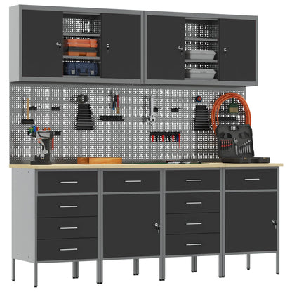 Work Cabinet with Drawer 10 pcs Black Engineered Wood and Steel