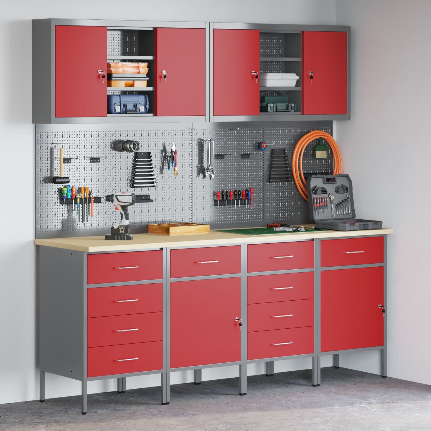 Work Cabinet with Drawer 10 pcs Red Engineered Wood and Steel