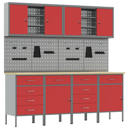 Work Cabinet with Drawer 10 pcs Red Engineered Wood and Steel