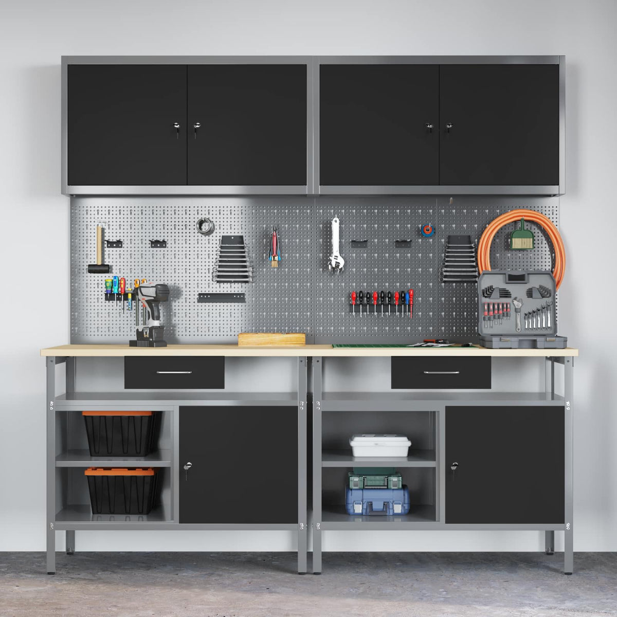 Work Bench Set 8 pcs Black and Grey Powder-Coated Steel