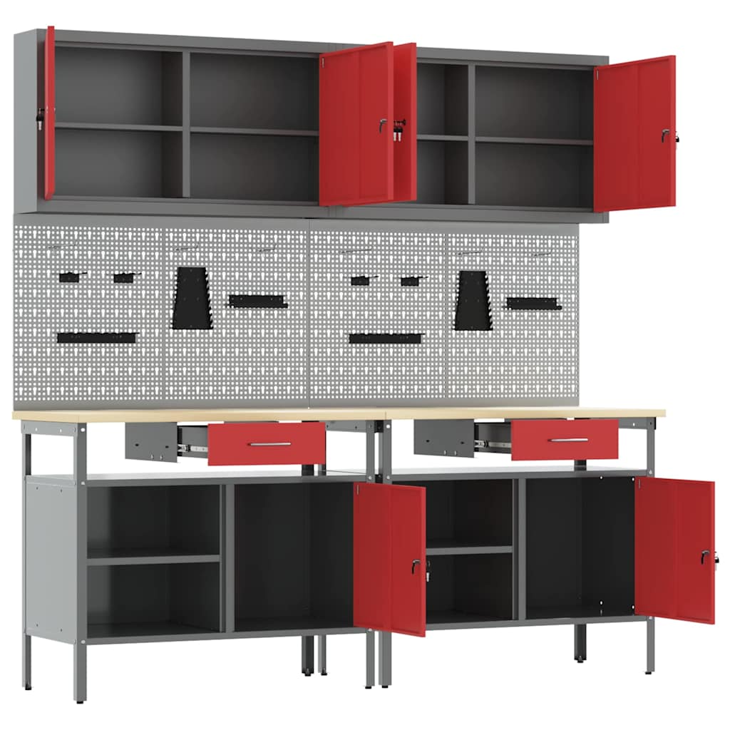 Work Bench Set 8 pcs Red and Grey Powder-Coated Steel