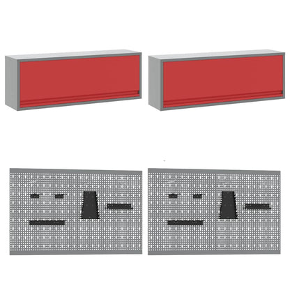 Work Bench Set with Lock 8 pcs Red and Grey Powder-Coated Steel