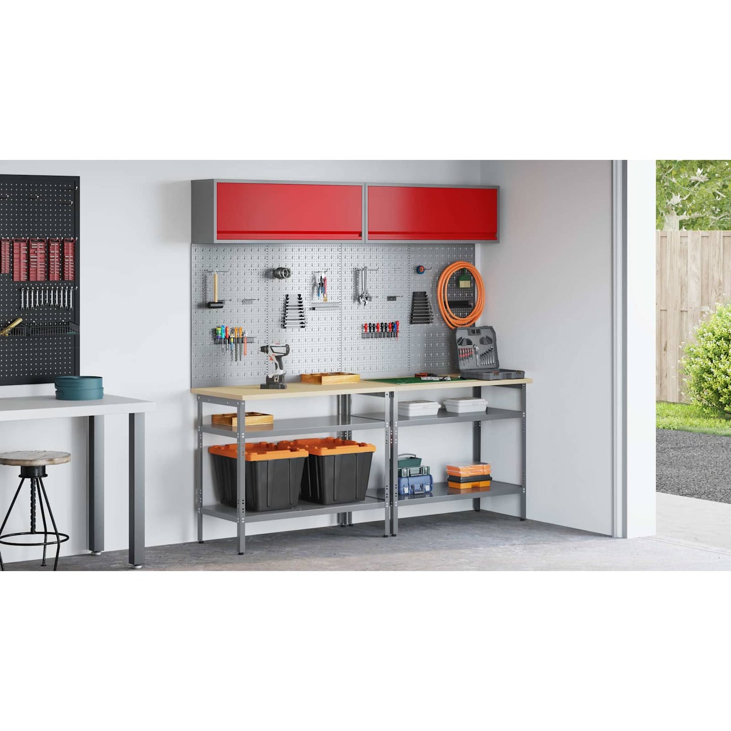 Work Bench Set with Lock 8 pcs Red and Grey Powder-Coated Steel