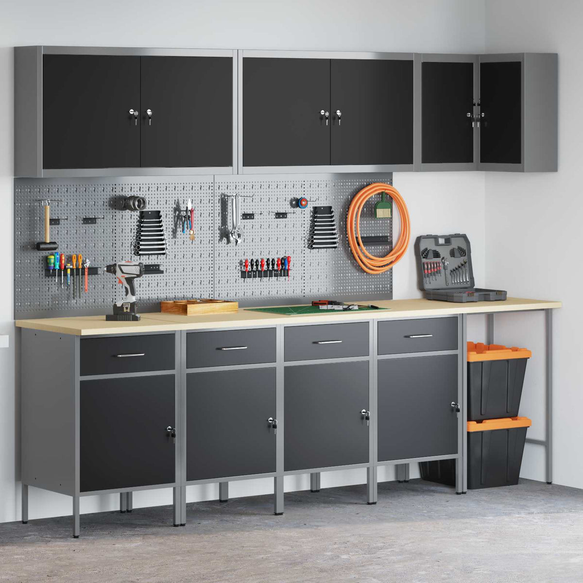 Work Cabinet Set with Drawer with Shelf 12 pcs Black and Grey