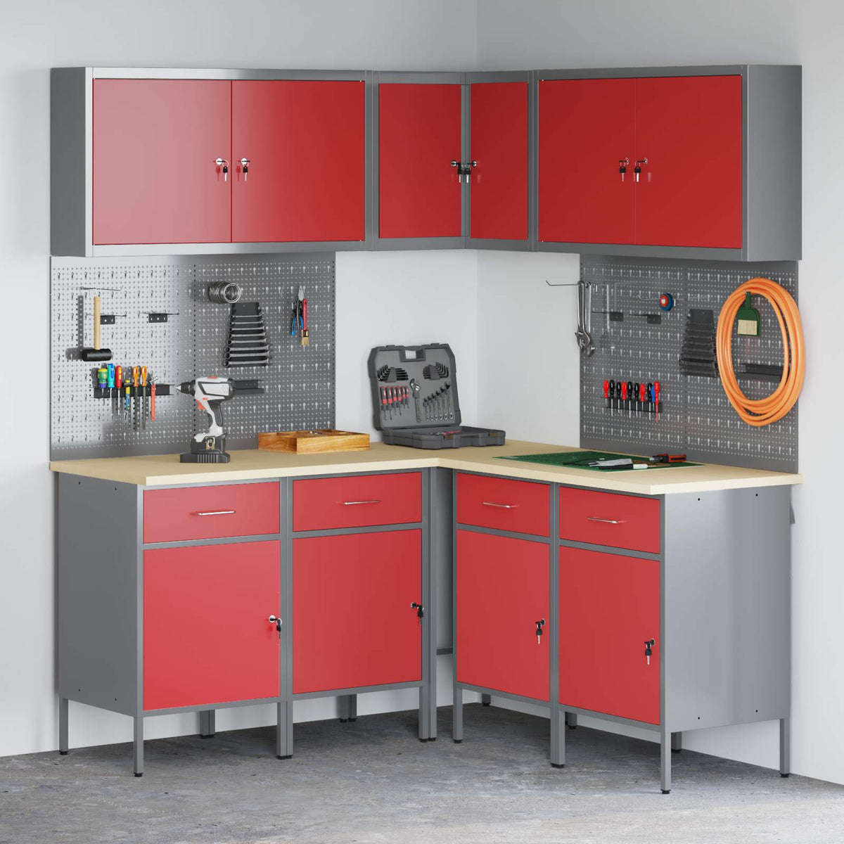 Work Cabinet Set with Drawer with Shelf 12 pcs Red and Grey