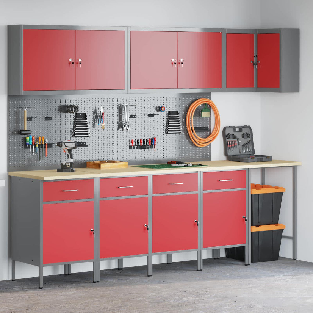 Work Cabinet Set with Drawer with Shelf 12 pcs Red and Grey