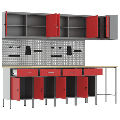 Work Cabinet Set with Drawer with Shelf 12 pcs Red and Grey