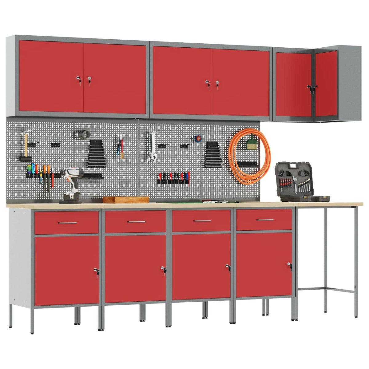 Work Cabinet Set with Drawer with Shelf 12 pcs Red and Grey