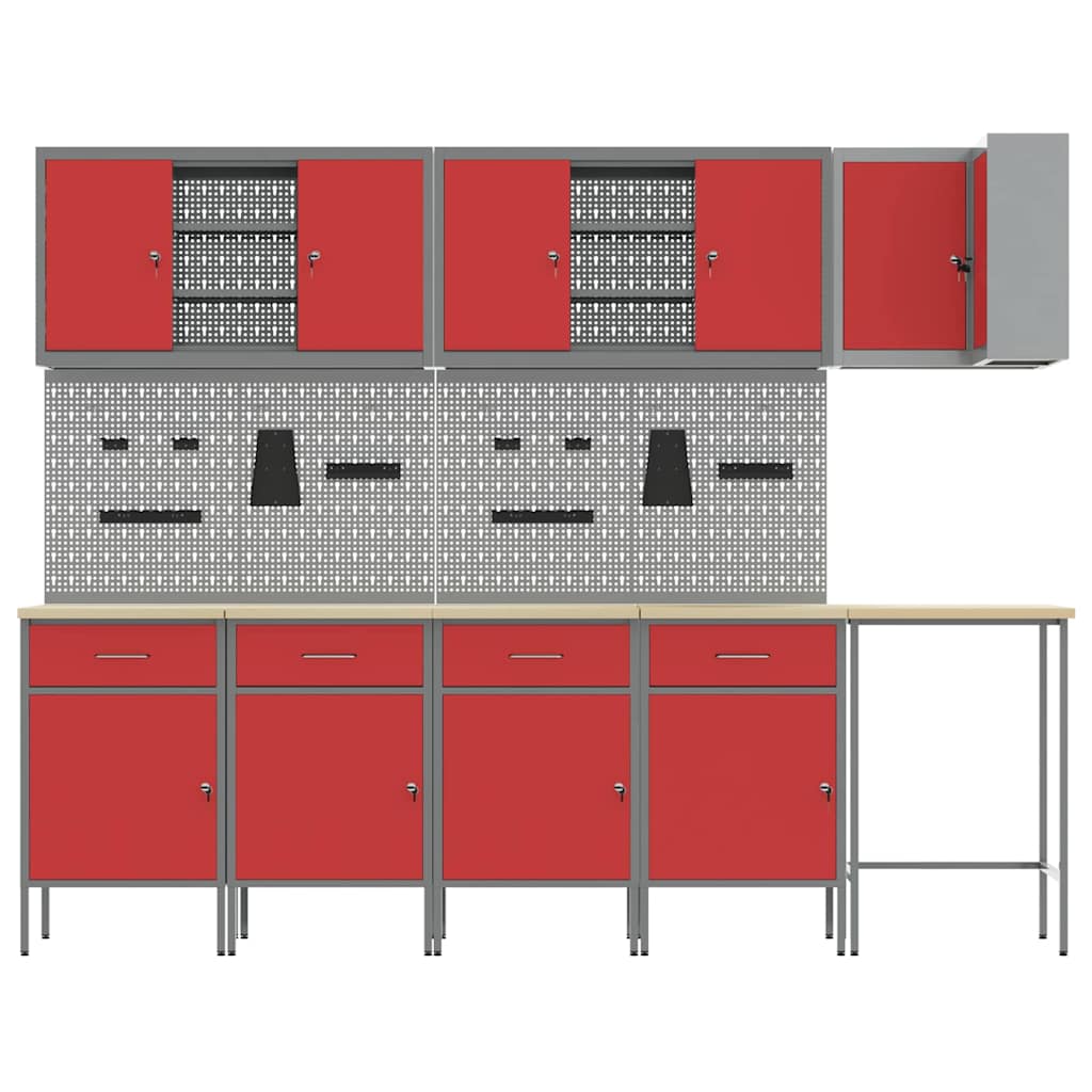 Work Cabinet Set with Drawer with Shelf 12 pcs Red and Grey