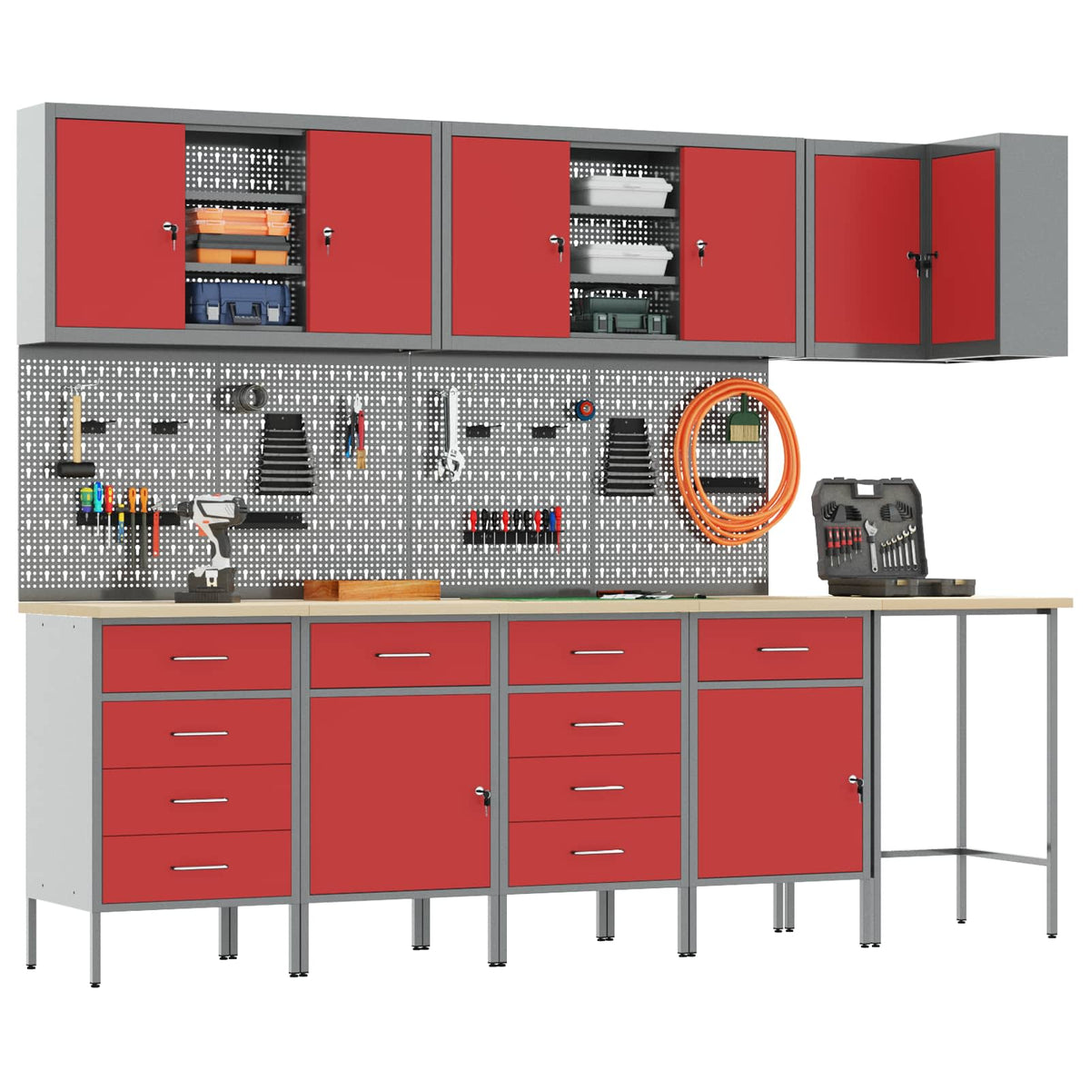 Work Cabinet Set with Drawer with Shelf 12 pcs Red and Grey