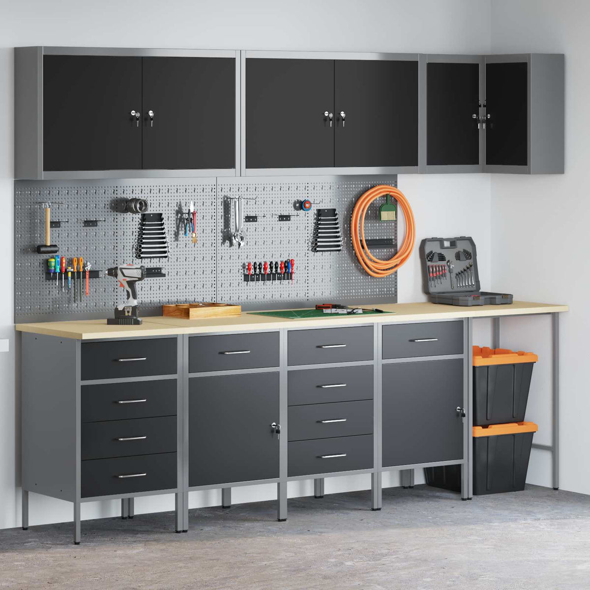 Work Cabinet Set with Drawer with Shelf 12 pcs Black and Grey