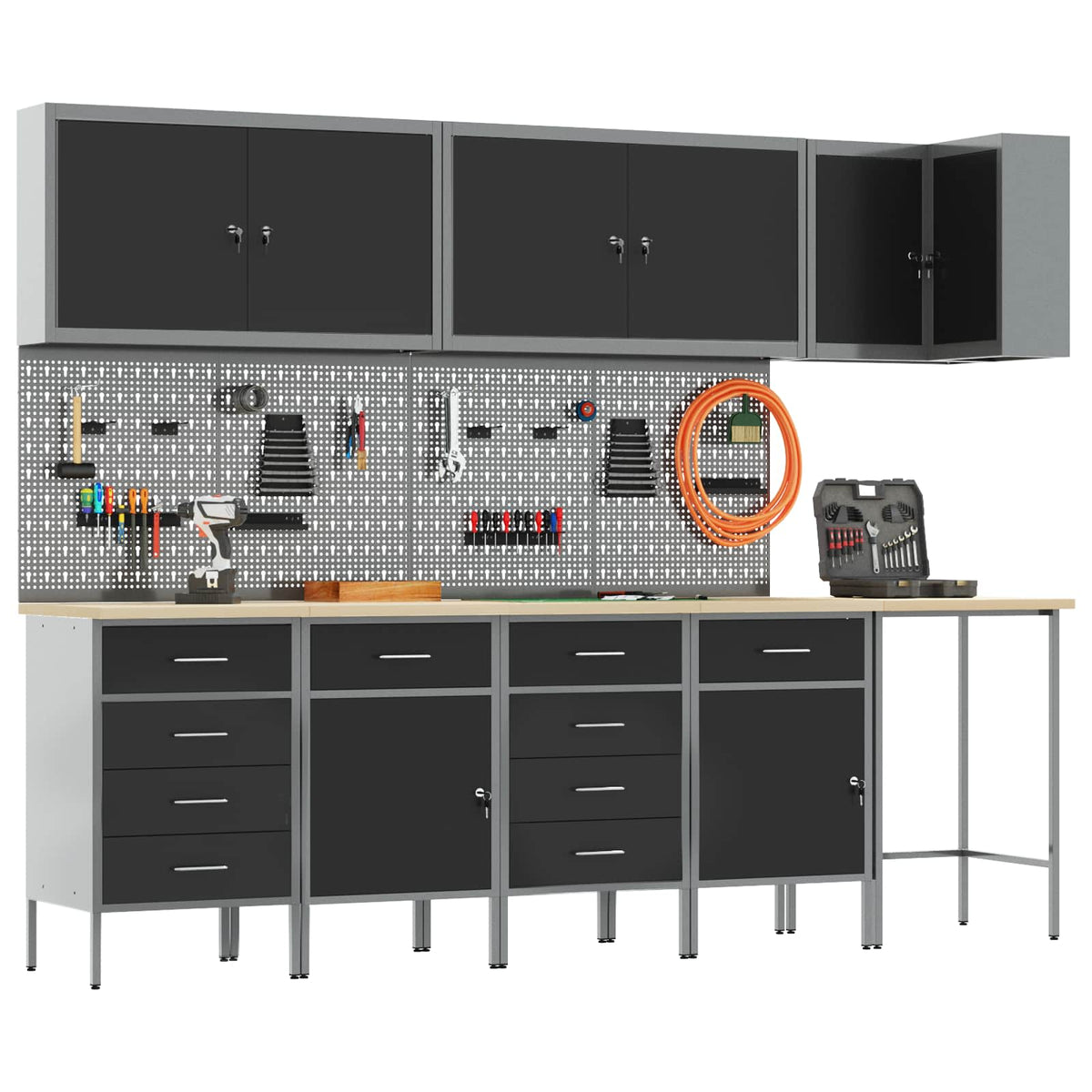 Work Cabinet Set with Drawer with Shelf 12 pcs Black and Grey