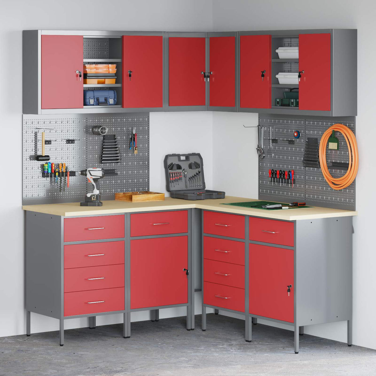 Work Cabinet Set with Drawer with Shelf 12 pcs Red and Grey