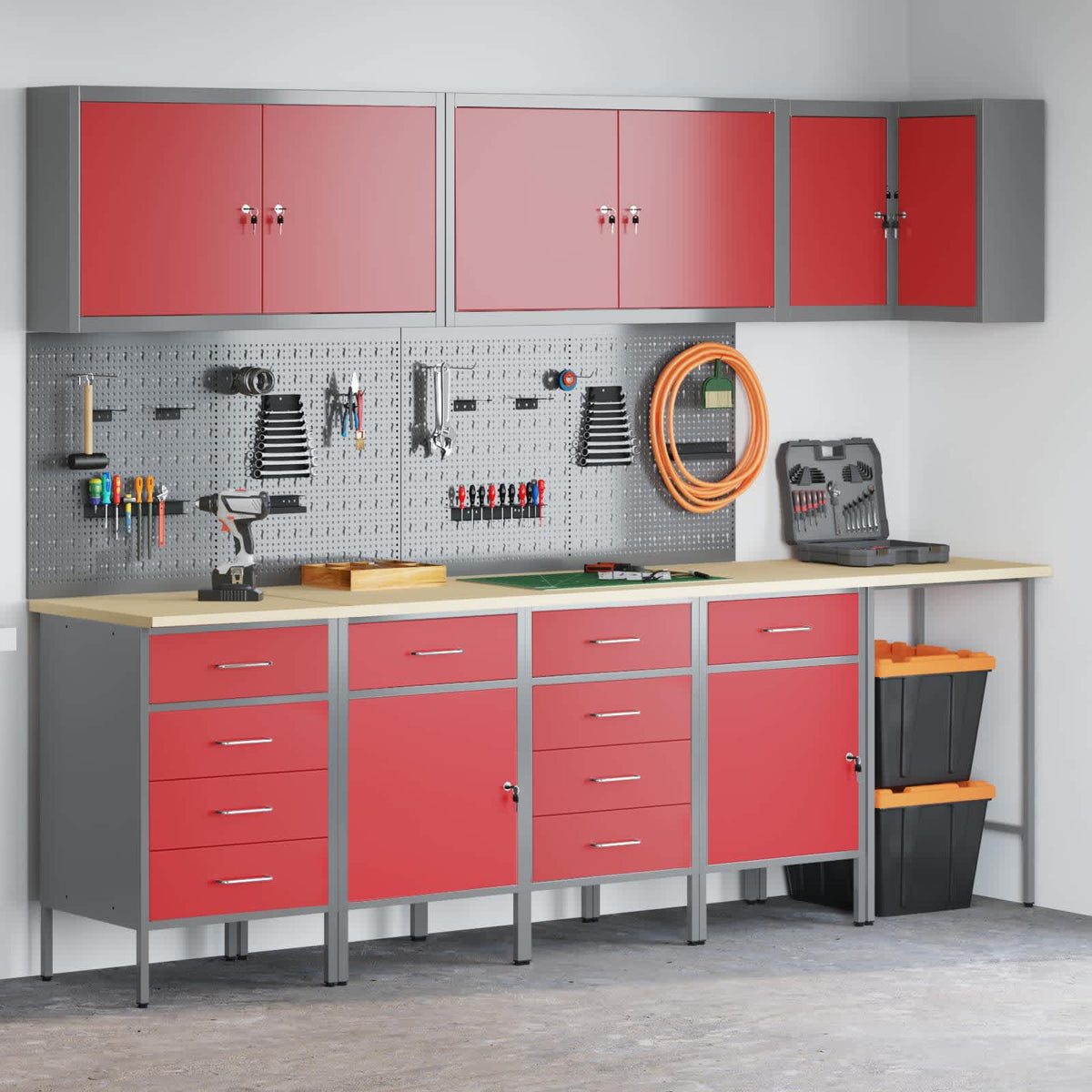 Work Cabinet Set with Drawer with Shelf 12 pcs Red and Grey