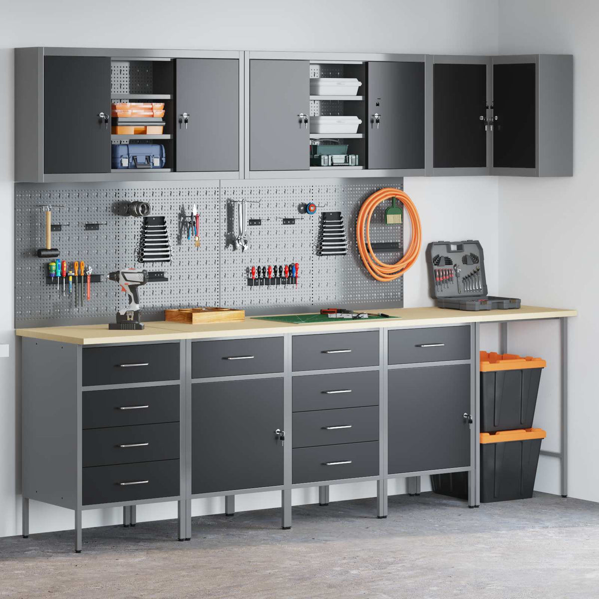 Work Cabinet Set with Drawer with Shelf 12 pcs Black and Grey
