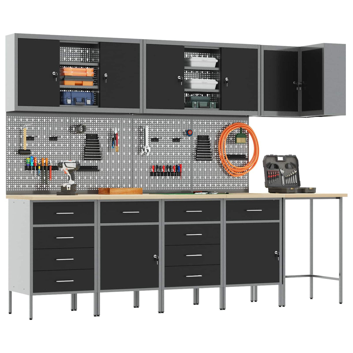 Work Cabinet Set with Drawer with Shelf 12 pcs Black and Grey