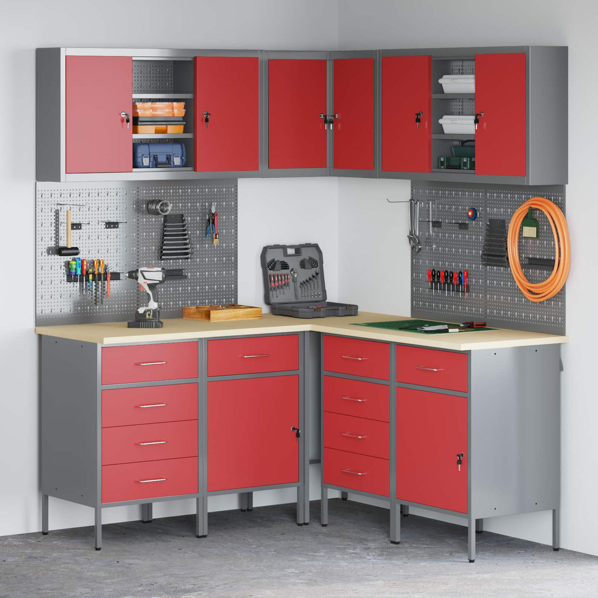 Work Cabinet Set with Drawer with Shelf 12 pcs Red and Grey