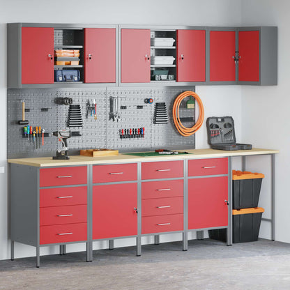 Work Cabinet Set with Drawer with Shelf 12 pcs Red and Grey