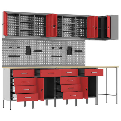 Work Cabinet Set with Drawer with Shelf 12 pcs Red and Grey