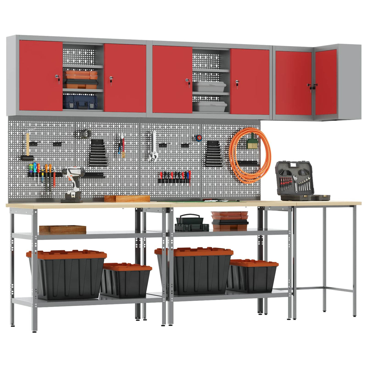 Work Cabinet Set with Shelf with Storage 10 pcs Red and Grey