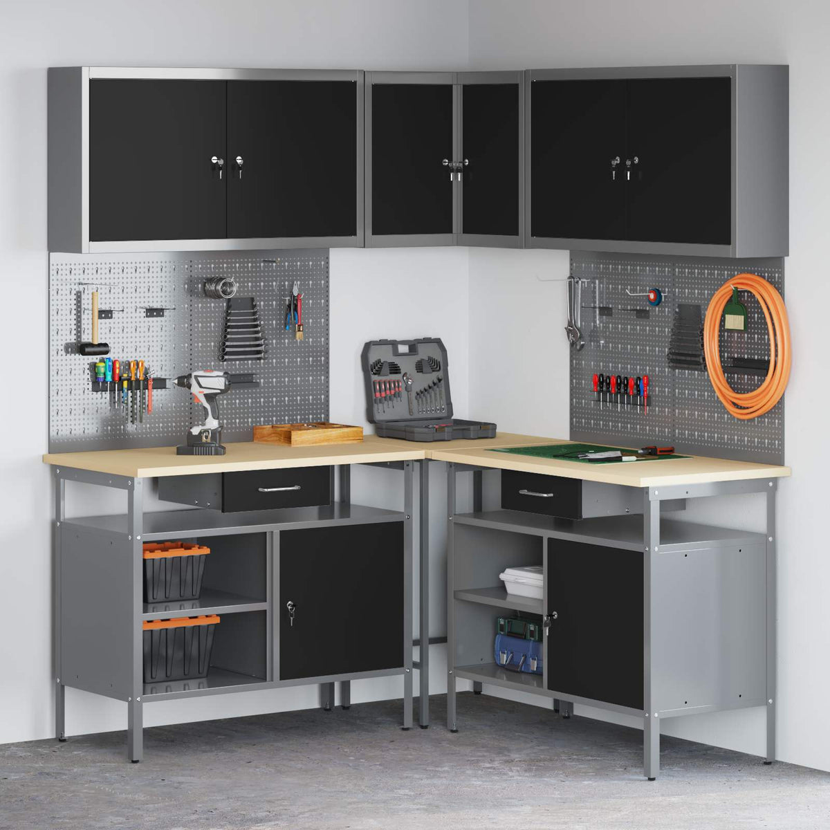 Work Cabinet Set with Drawer with Shelf 10 pcs Black and Grey