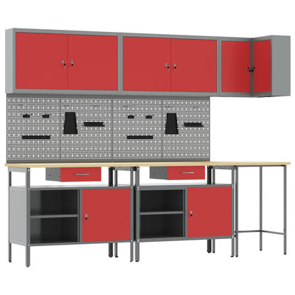 Work Cabinet Set with Drawer with Shelf 10 pcs Red and Grey