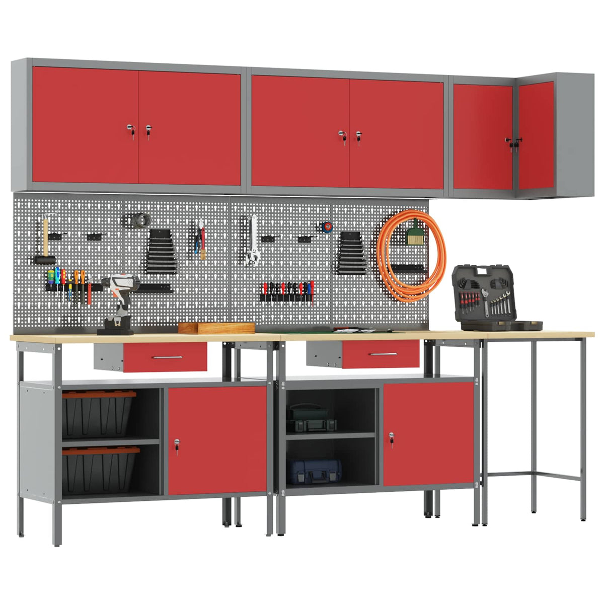 Work Cabinet Set with Drawer with Shelf 10 pcs Red and Grey