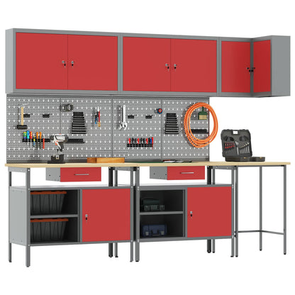 Work Cabinet Set with Drawer with Shelf 10 pcs Red and Grey