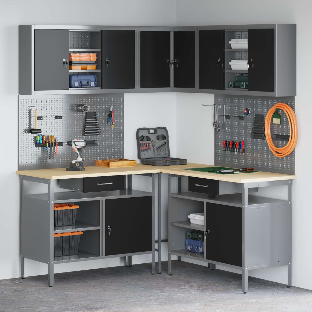Work Cabinet Set with Drawer with Shelf 10 pcs Black and Grey