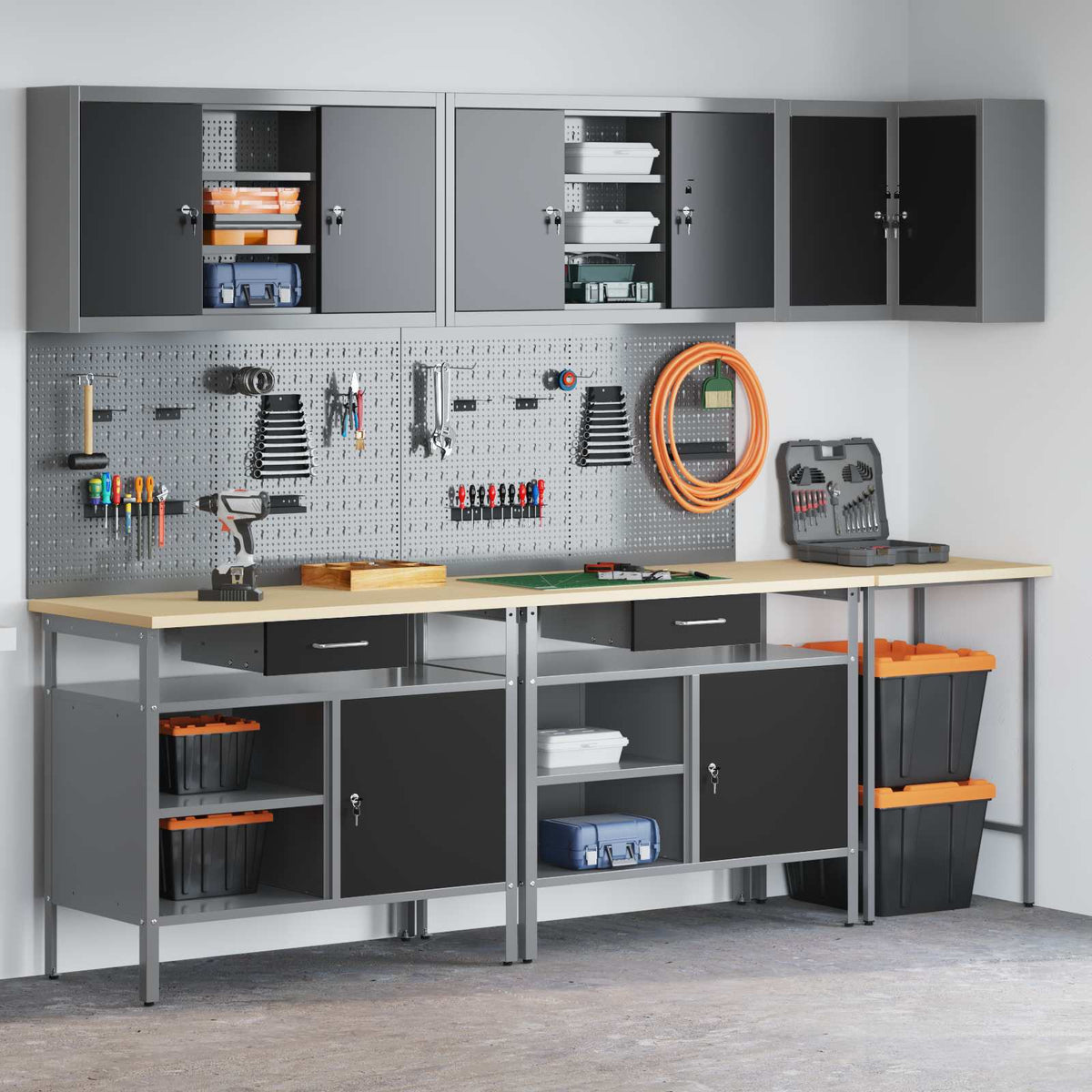 Work Cabinet Set with Drawer with Shelf 10 pcs Black and Grey