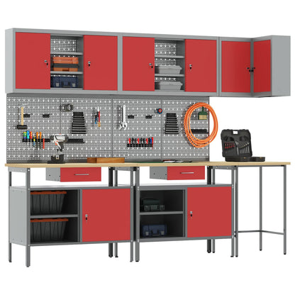 Work Cabinet Set with Drawer with Shelf 10 pcs Red and Grey