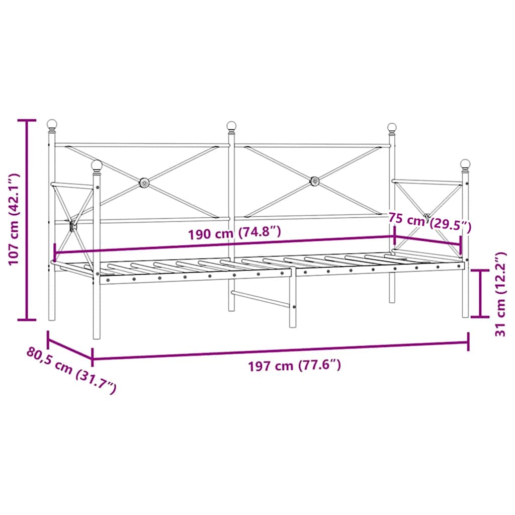 Day Bed without Mattress Black 75x190 cm Steel