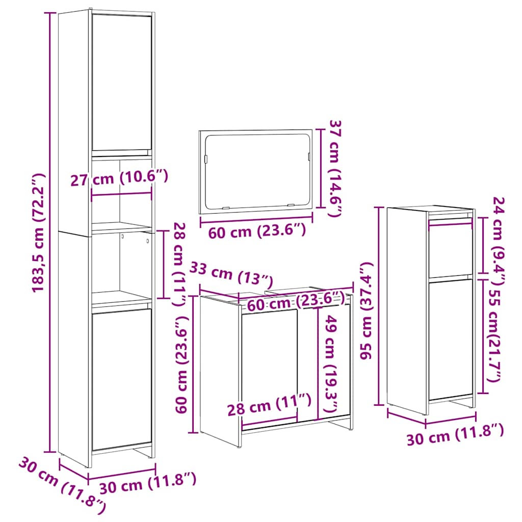 4 Piece Bathroom Furniture Set Concrete Grey Engineered Wood