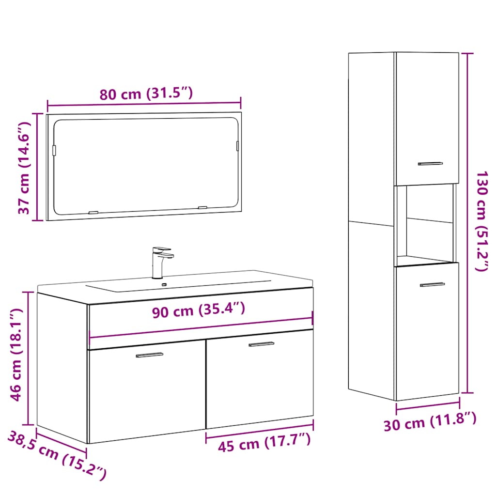 3 Piece Bathroom Furniture Set Concrete Grey Engineered Wood