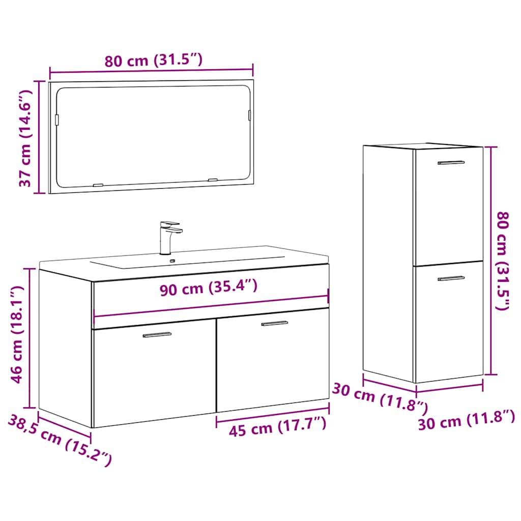 3 Piece Bathroom Furniture Set Concrete Grey Engineered Wood