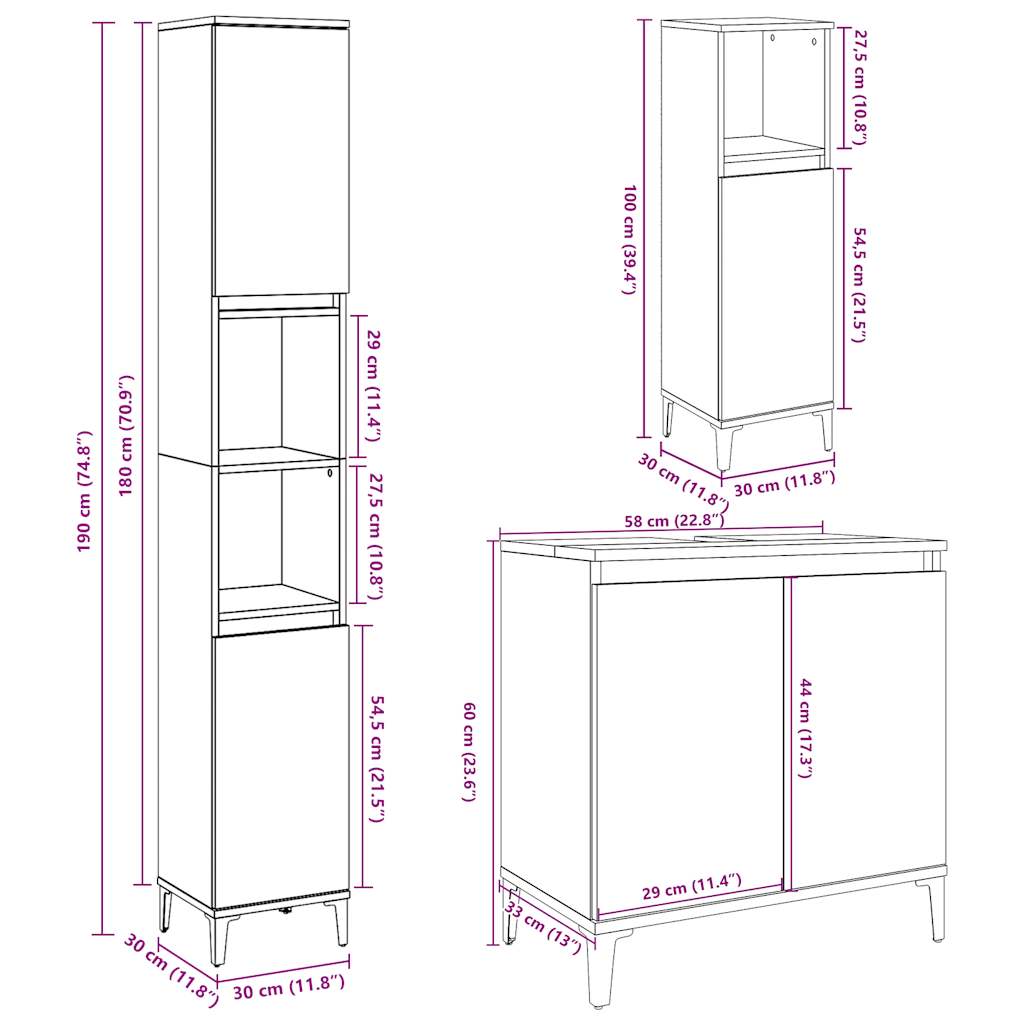 3 Piece Bathroom Furniture Set Concrete Grey Engineered Wood