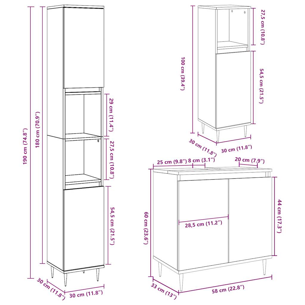 3 Piece Bathroom Furniture Set Concrete Grey Engineered Wood