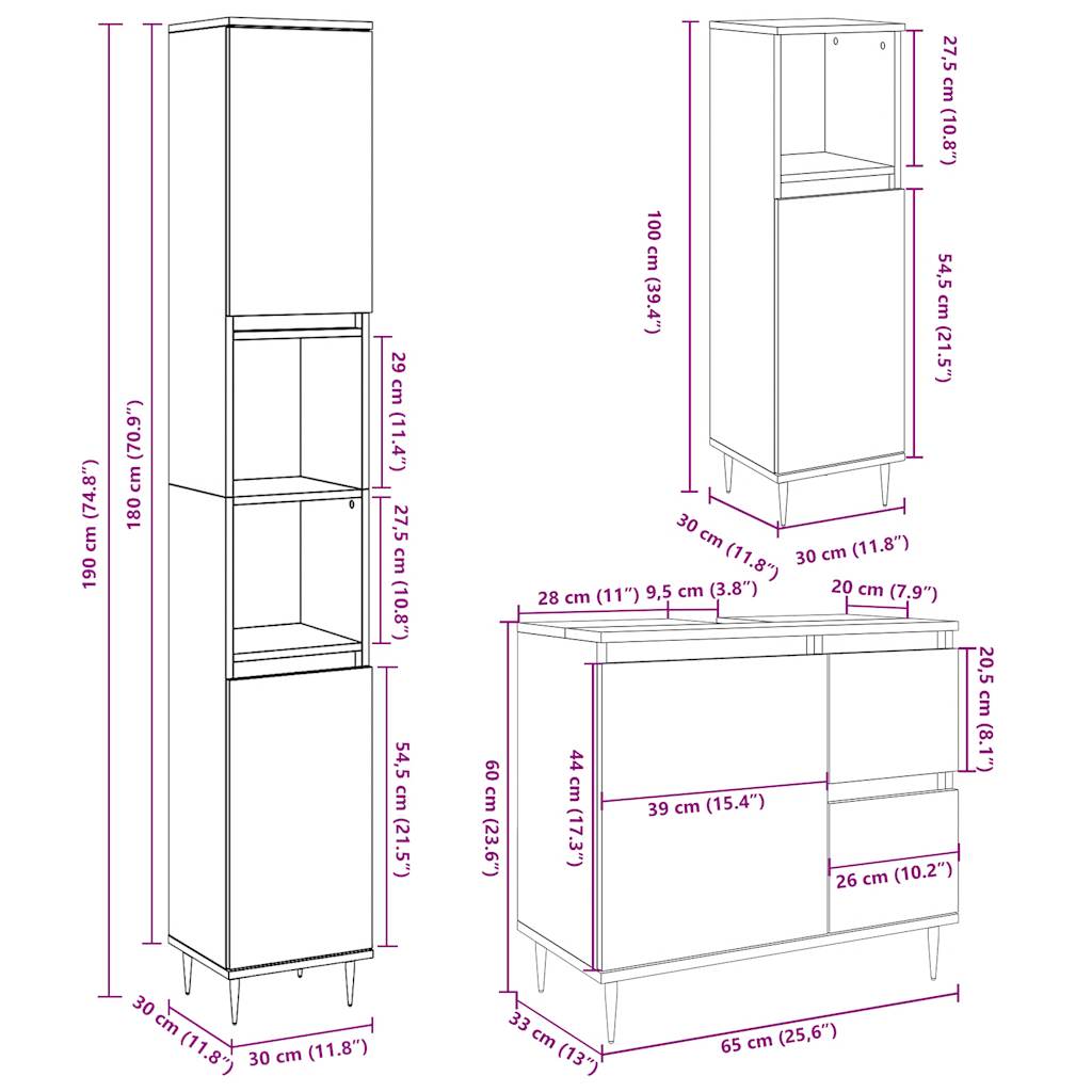 3 Piece Bathroom Furniture Set Concrete Grey Engineered Wood