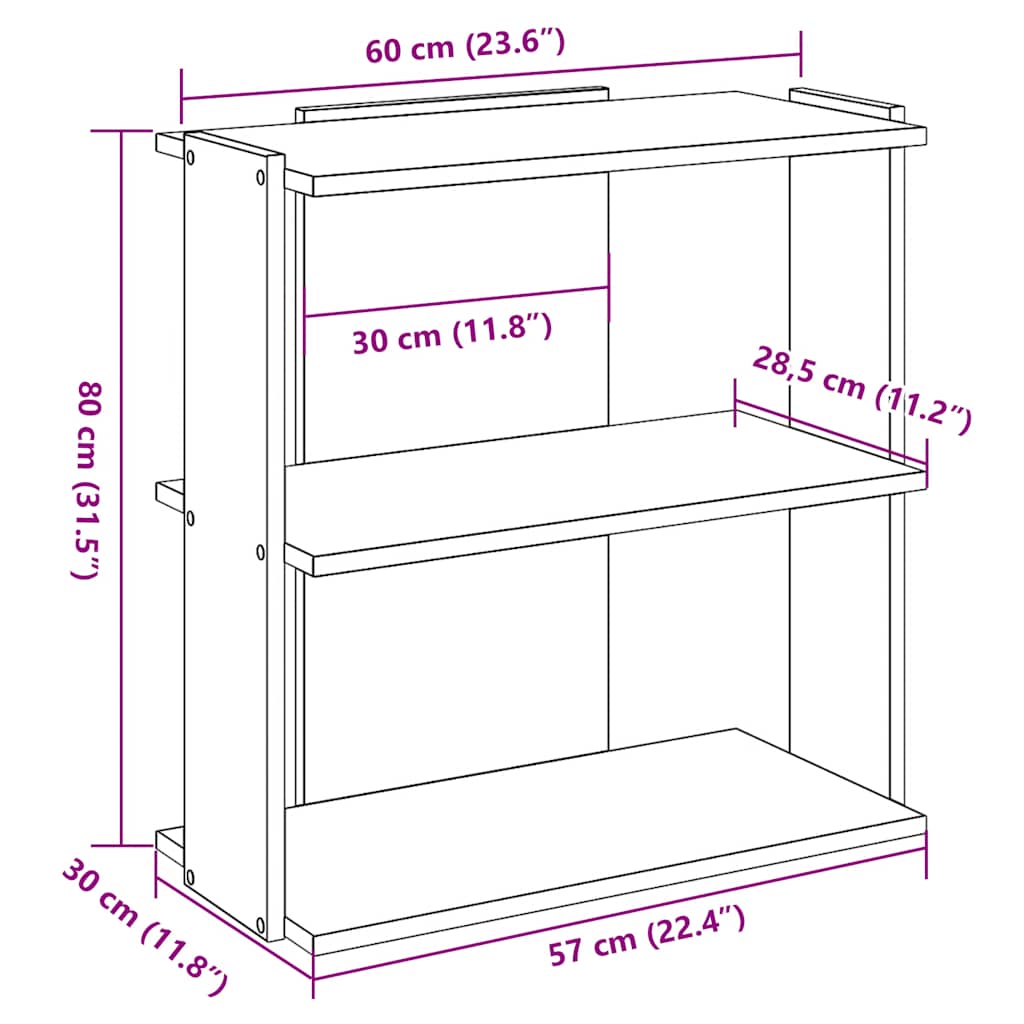 Bookcase 3-Tier Grey Sonoma 60x30x80 cm Engineered Wood