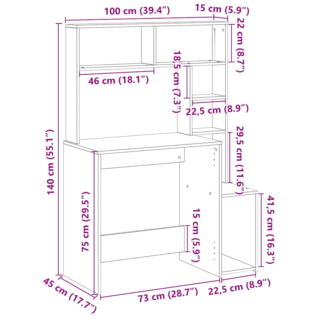 Desk with Shelves Smoked Oak 100x45x140 cm Engineered Wood
