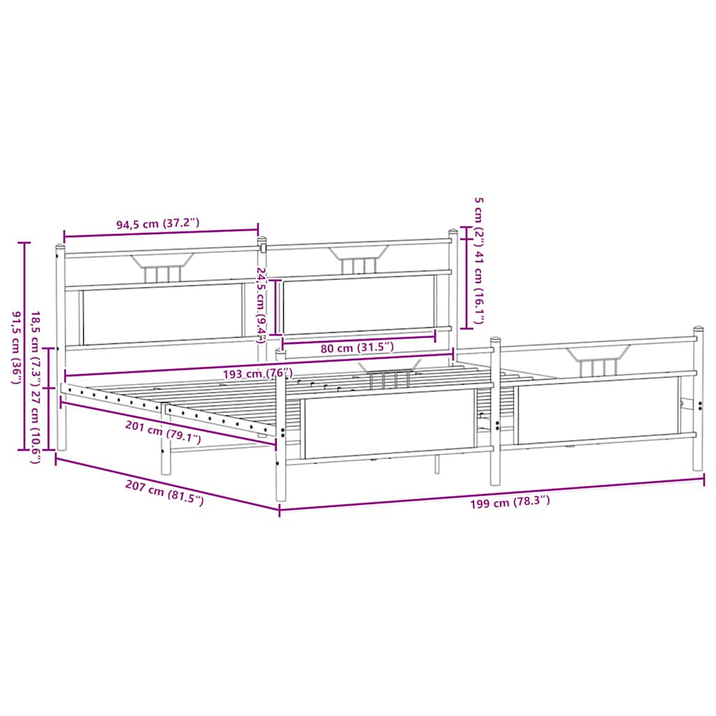 Metal Bed Frame without Mattress Sonoma Oak 193x201 cm