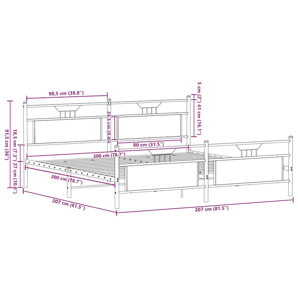 Metal Bed Frame without Mattress Brown Oak 200x200 cm