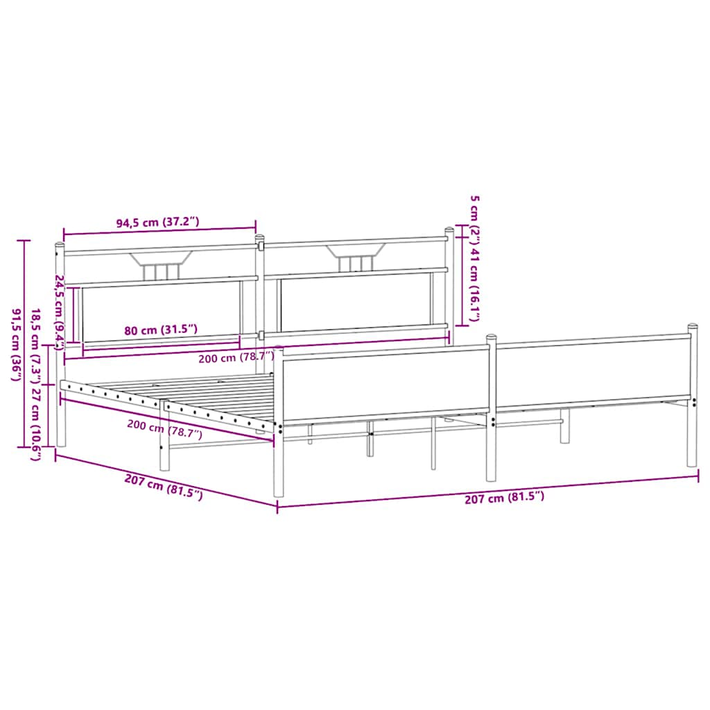 Metal Bed Frame without Mattress Sonoma Oak 200x200 cm