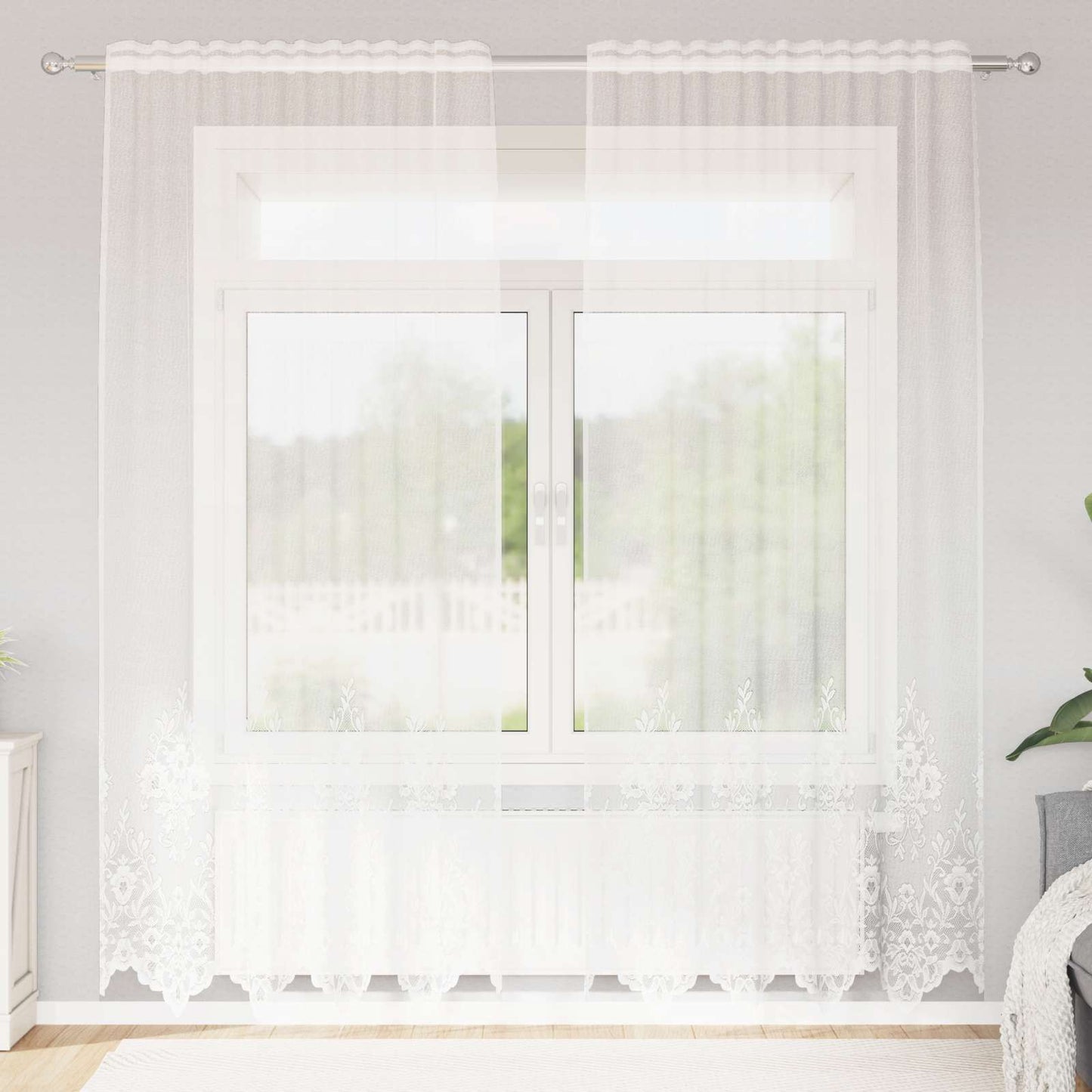 Lace Curtain with Curtains Floral White 220x150cm Polyester