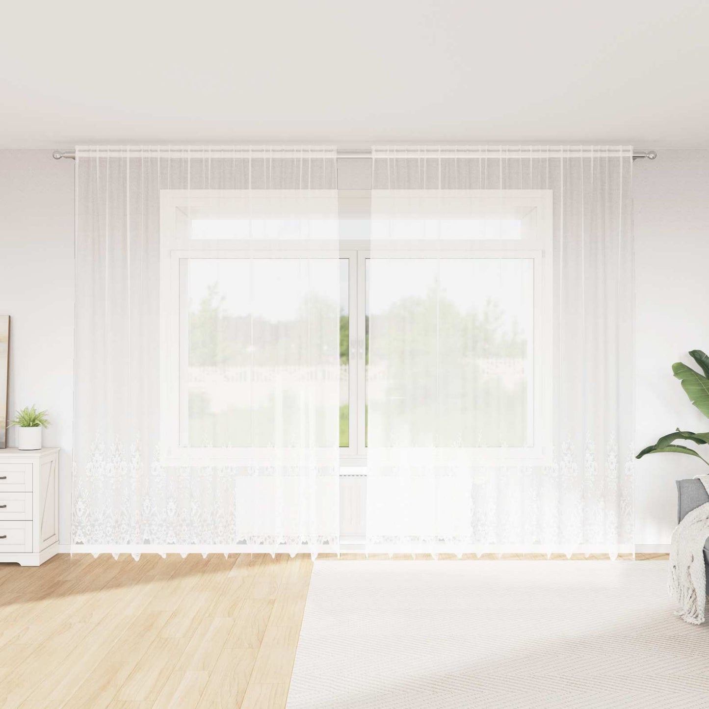 Lace Curtain with Curtains Floral White 300 x 300 cm Polyester