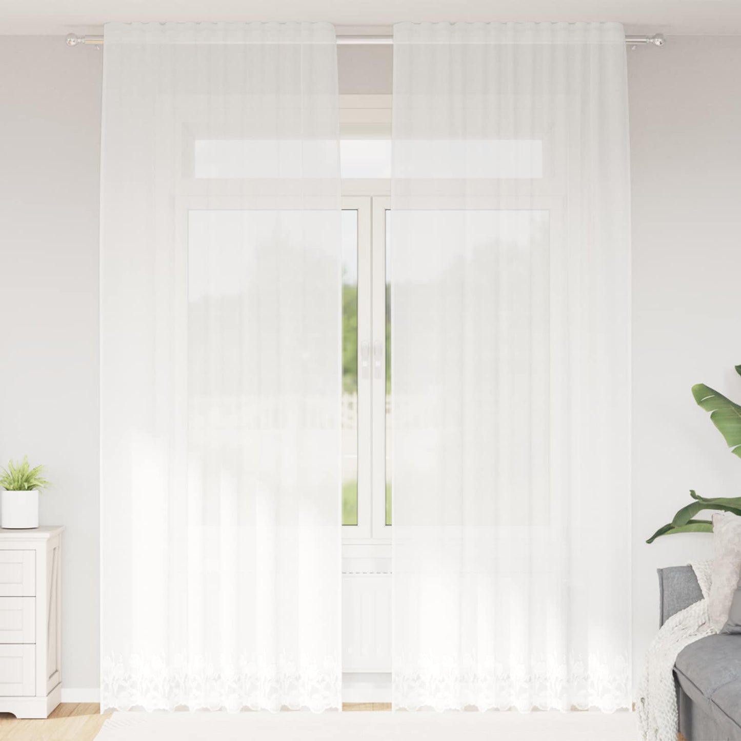 Lace Curtain with Curtains Floral White 280 x 150 cm Polyester