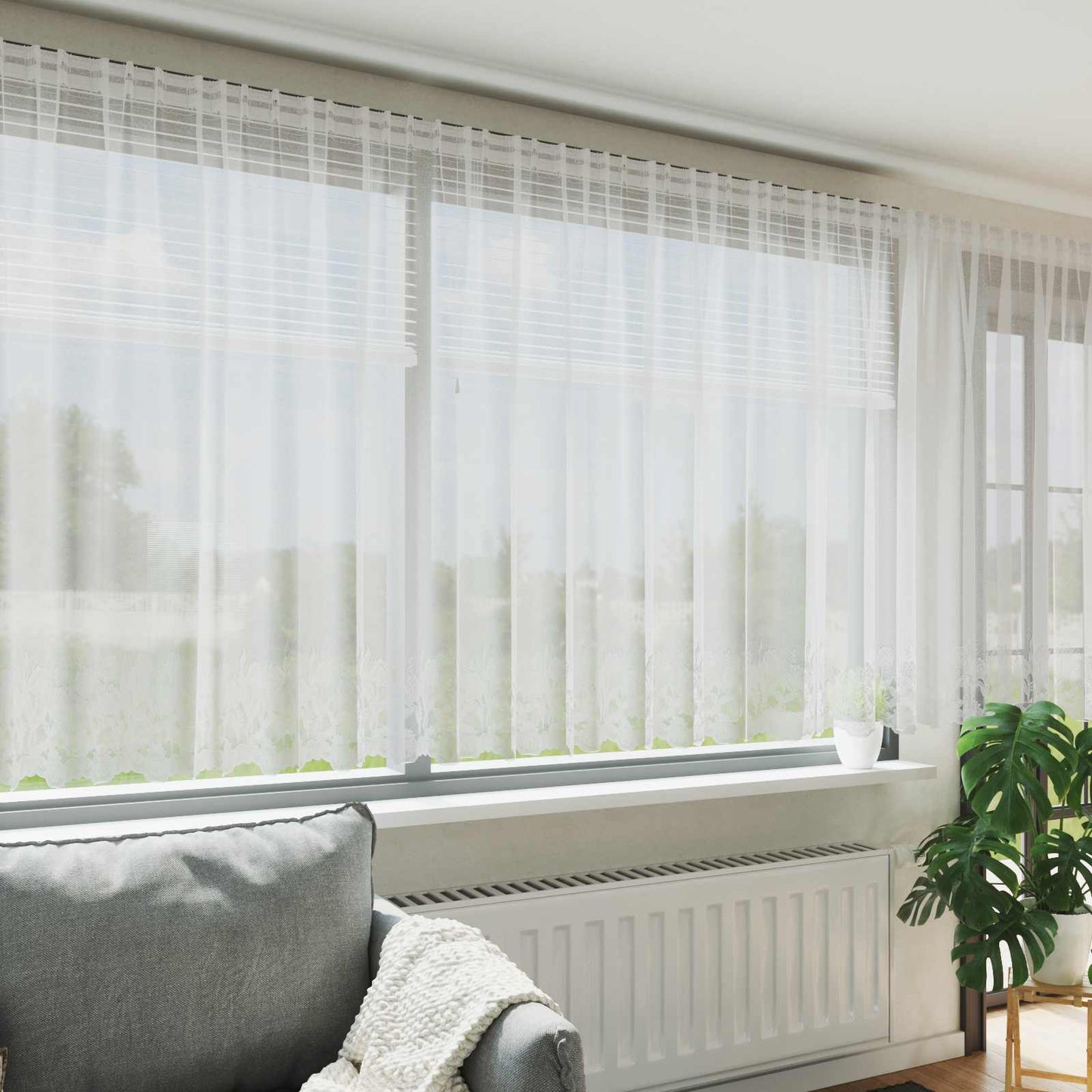 Lace Curtain with Curtains Floral White 160 x 1200 cm Polyester