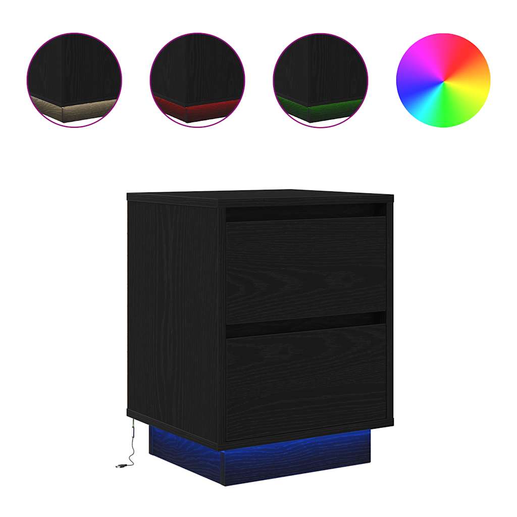 Bedside Cabinet with LED Lights Black 38x34x50 cm