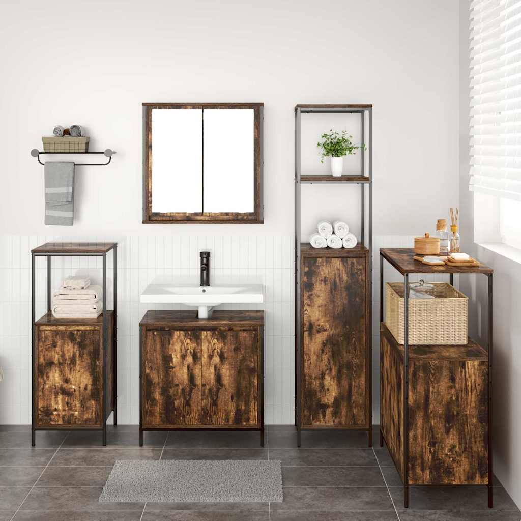 Bathroom Furniture Set with Shelf 5 pcs Smoked Oak and Black