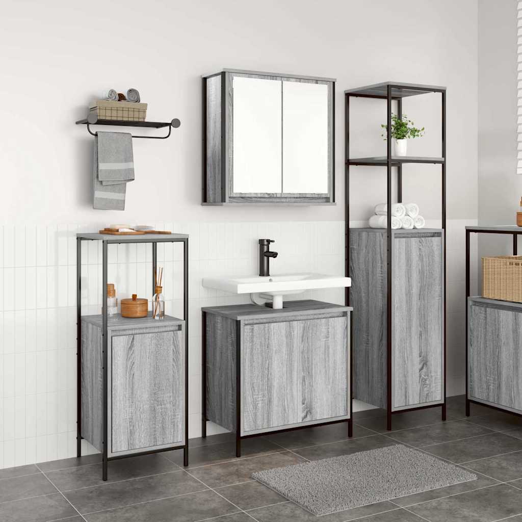 Bathroom Furniture Set with Shelf 3 pcs Grey Sonoma and Black